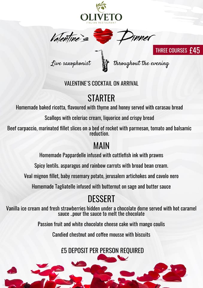 Oliveto Italian Restaurant, Weymouth Main Menu